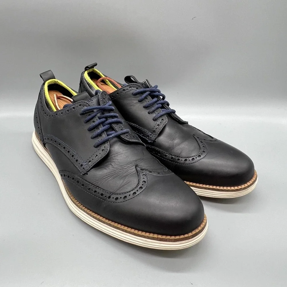 Cole Haan Shoes Mens 10.5 Navy Blue Leather Grand OS Wingtip Oxford Dress Brogue